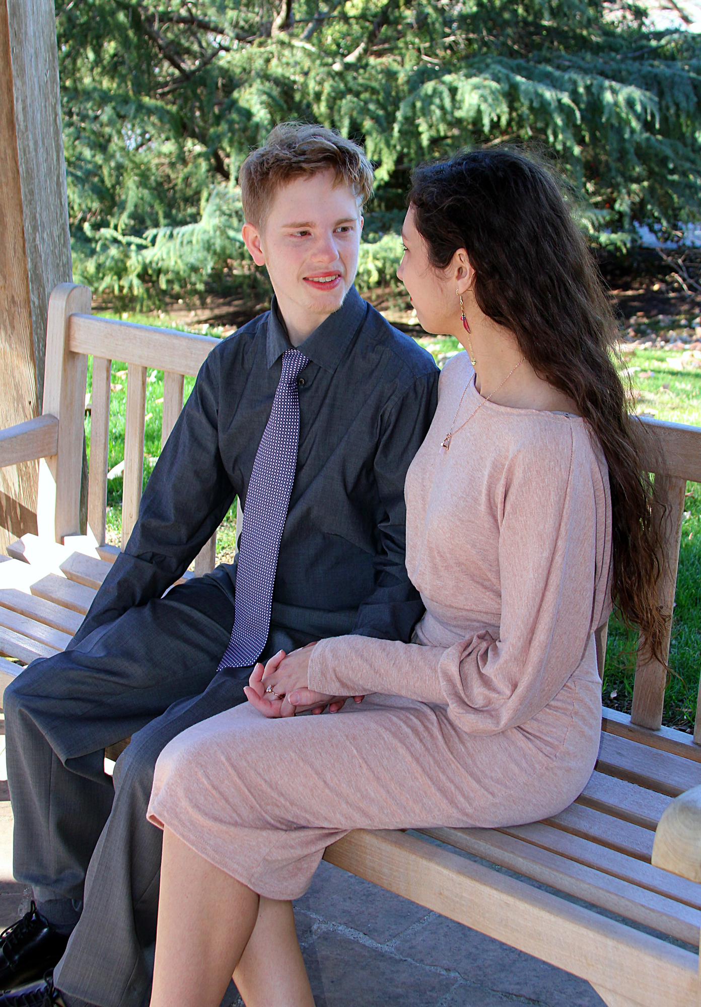 On a bench in the pavilion at the Arboretum