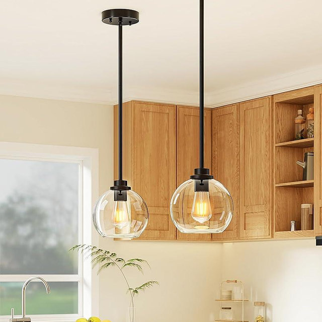 EDISHINE Modern Pendant Lights Kitchen Island 2 Pack, Hanging Light Fixture with Clear Glass Globe Shade, Hardwired Matte Black Adjustable Metal Rod for Bathroom, Dining Room, Bedroom