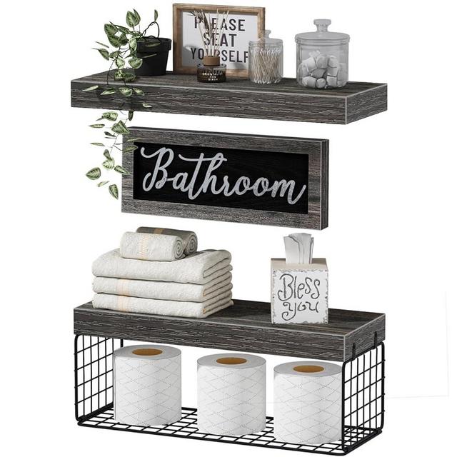 QEEIG Bathroom Furniture Sets, Shelves Over Toilet Bathroom Decor Farmhouse Decorations Aesthetic Décor Sign Small Wall Shelf 2+1 Set 16 inch, Grey
