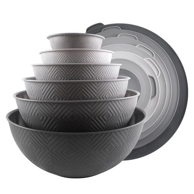 COOK WITH COLOR Mixing Bowls with Lids - 12 Piece Plastic Nesting Bowls Set includes 6 Prep Bowls and 6 Lids, Non Slip Bottom and Rhombus Design - Microwave Safe (Grey)