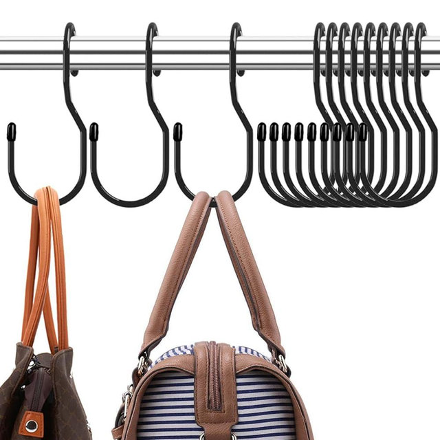 Purse Hanger for Closet, Unique Twist Design Bag Hanger Purse Hooks, 5 inch Large Size Closet Rod Hooks for Hanging Bags, Purses, Handbags, Belts, Scarves, Hats,Clothes, Pans and Pots (12 Pack Black)