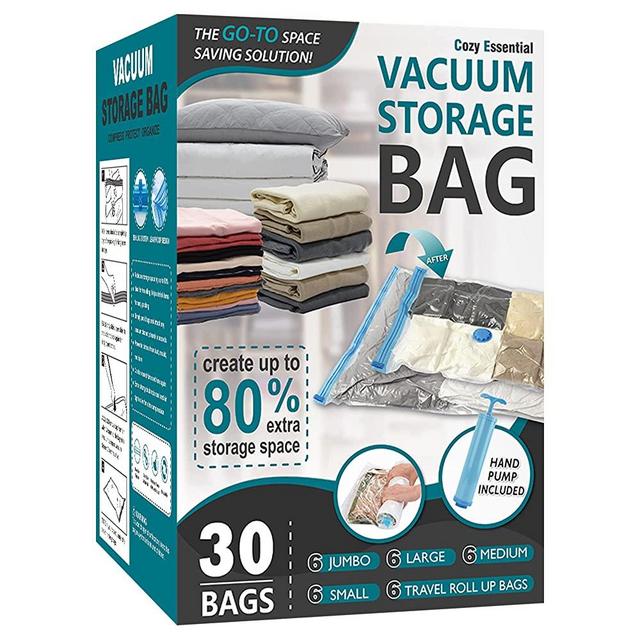 30 Pack Vacuum Storage Bags, Space Saver Bags (6 Jumbo/6 Large/6 Medium/6 Small/6 Roll) Compression Storage Bags for Comforters and Blankets, Vacuum Sealer Bags for Clothes Storage, Hand Pump Included