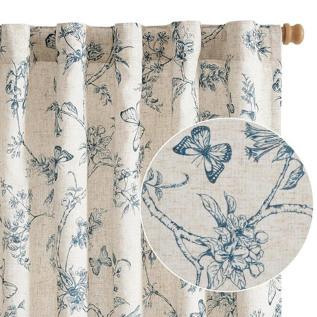 Lazzzy Farmhouse Linen Blue Floral Curtains 96 Inch Long Back Tab Drapes for Living Room Bedroom Light Filtering Country Vintage Rod Pocket, 2 Panels, Blue on Beige