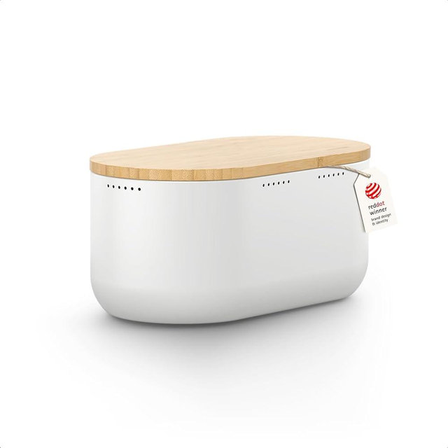 LARS NYSØM Bread Box I Metal bread box for long lasting freshness with non-slip pads I Baked goods Bin with bamboo lid usable as cutting board I 13.6x7.3x6.2in (Pure White)