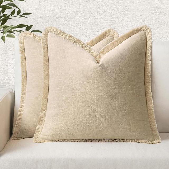 MIULEE Set of 2 Linen Throw Pillow Covers Decorative Pillow Covers Farmhouse Style Boho Cushion Covers Beige Pillow Covers with Fringe for Living Room 20x20 Inch