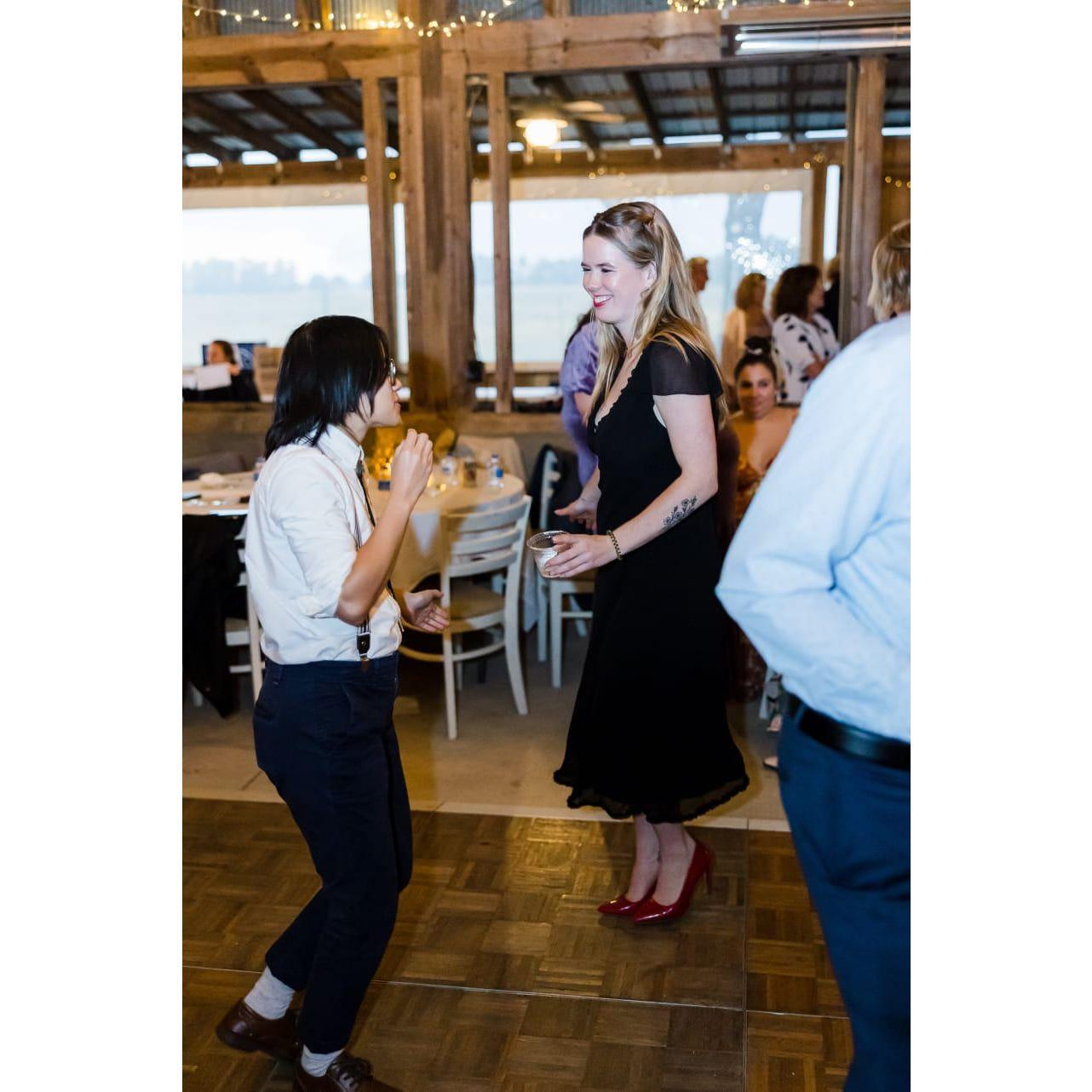 Klink + Jonah's wedding, October 2023. Alexis being impressed by Jen's dancing, Jen trying to get Alexis to loosen up a little lol.