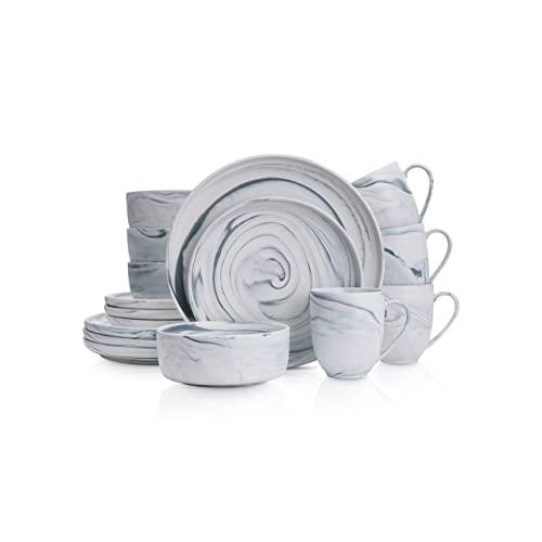Stone Lain Marble Fine China Dinnerware Set, 32 Piece Service for 8, Matte Gray