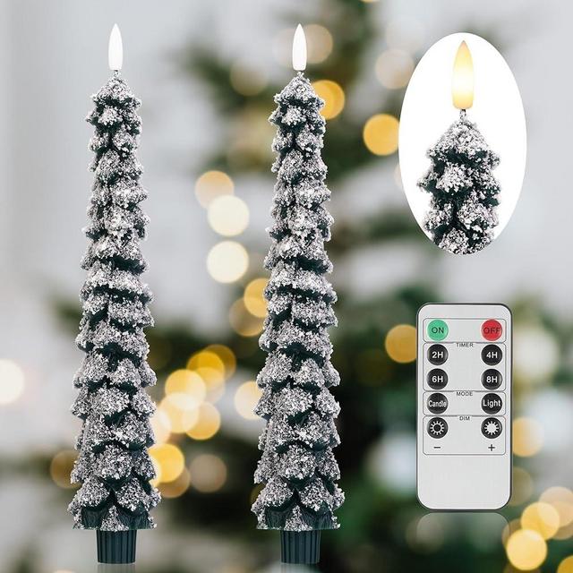 AFINETH Christmas Tree Candles with 3D Wick, 11.4" Green Real Wax Flameless Taper Candles with Remote, Flickering LED Candles Xmas Candlesticks Battery Operated Candles for Home, Party Decor, 2 Pack