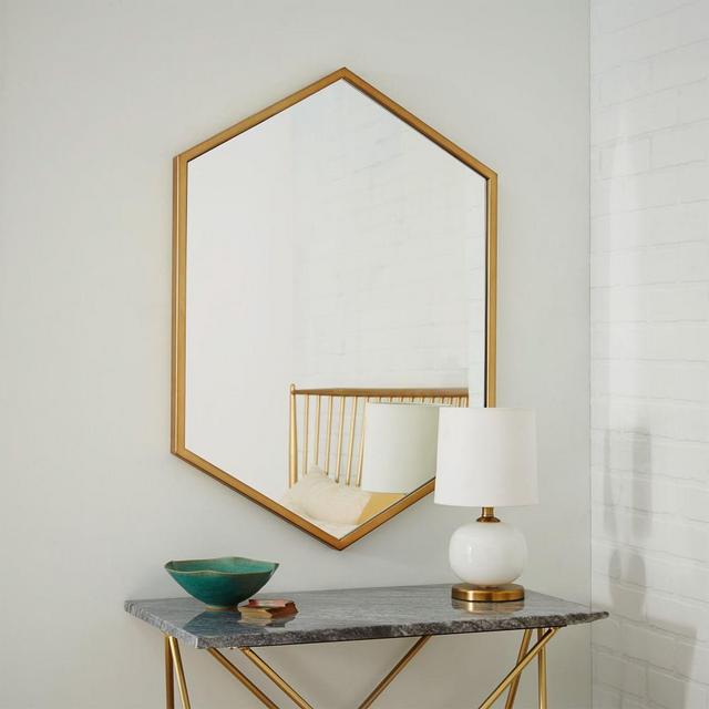 Metal Framed Hexagon Mirror, Antique Brass, UPS