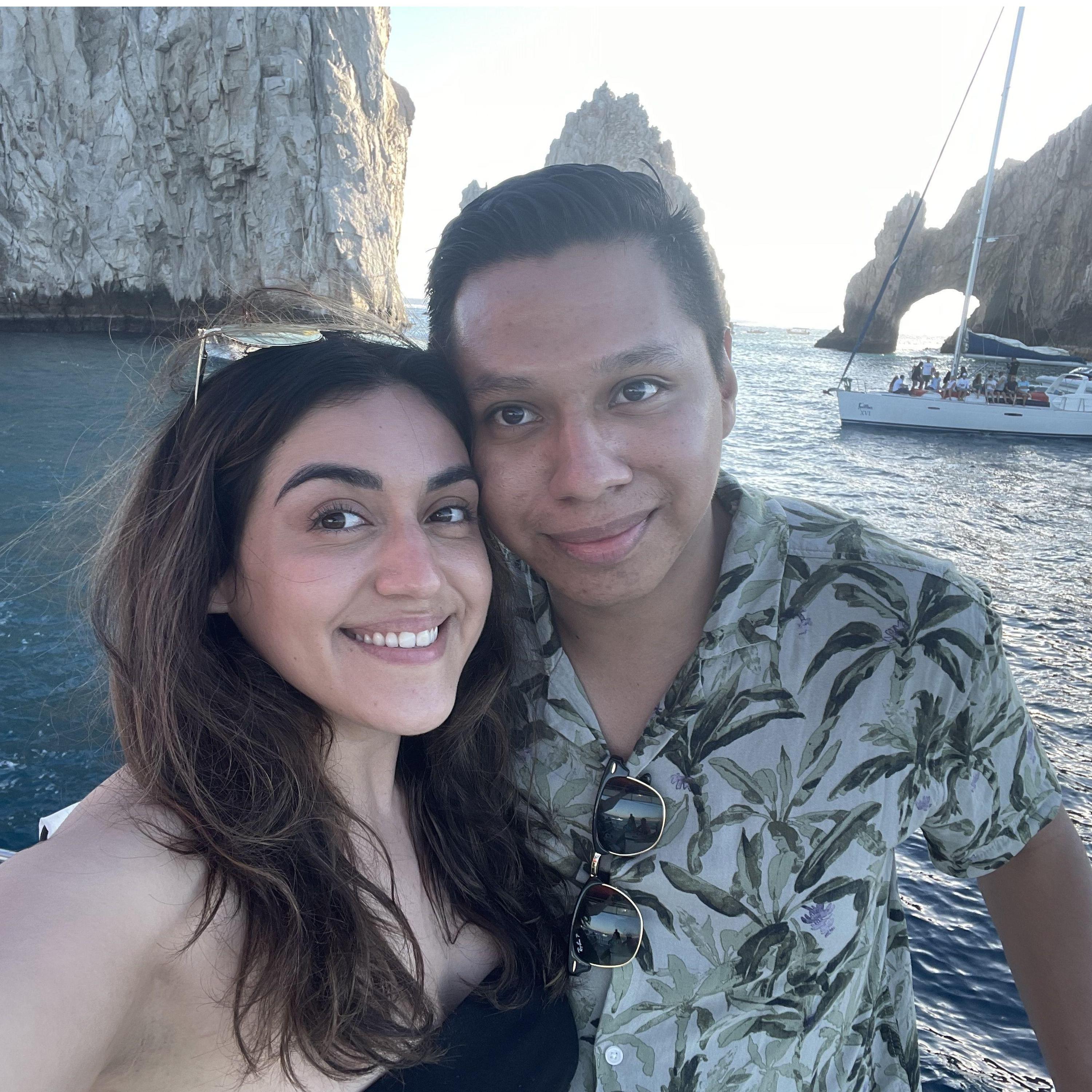 The couple’s first trip to Cabo! Featured behind them is the famous arch of Cabo San Lucas! Hands down one of their favorite trips!