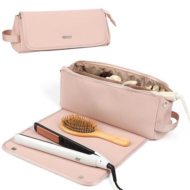 FINDCOZY Hair Tools Travel Bag, Hair Accessory Organizer with Heat Resistant Mat for Curling Iron, Hair Straighteners and Styling Tools, Travel Essentials for women, Pink