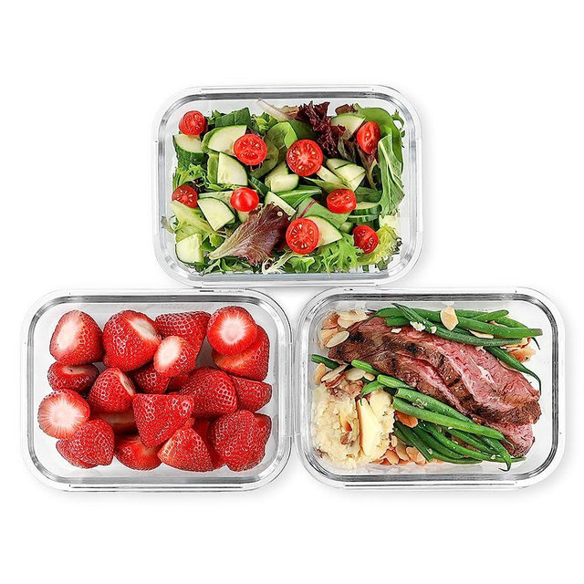 FIT Strong & Healthy 1 Compartment Glass Meal Prep Containers (3 Pack, 35 oz) - Glass Food Storage Containers with Lids, Glass Lunch Box, Glass Bento Box Lunch Containers, Portion Control, Airtight