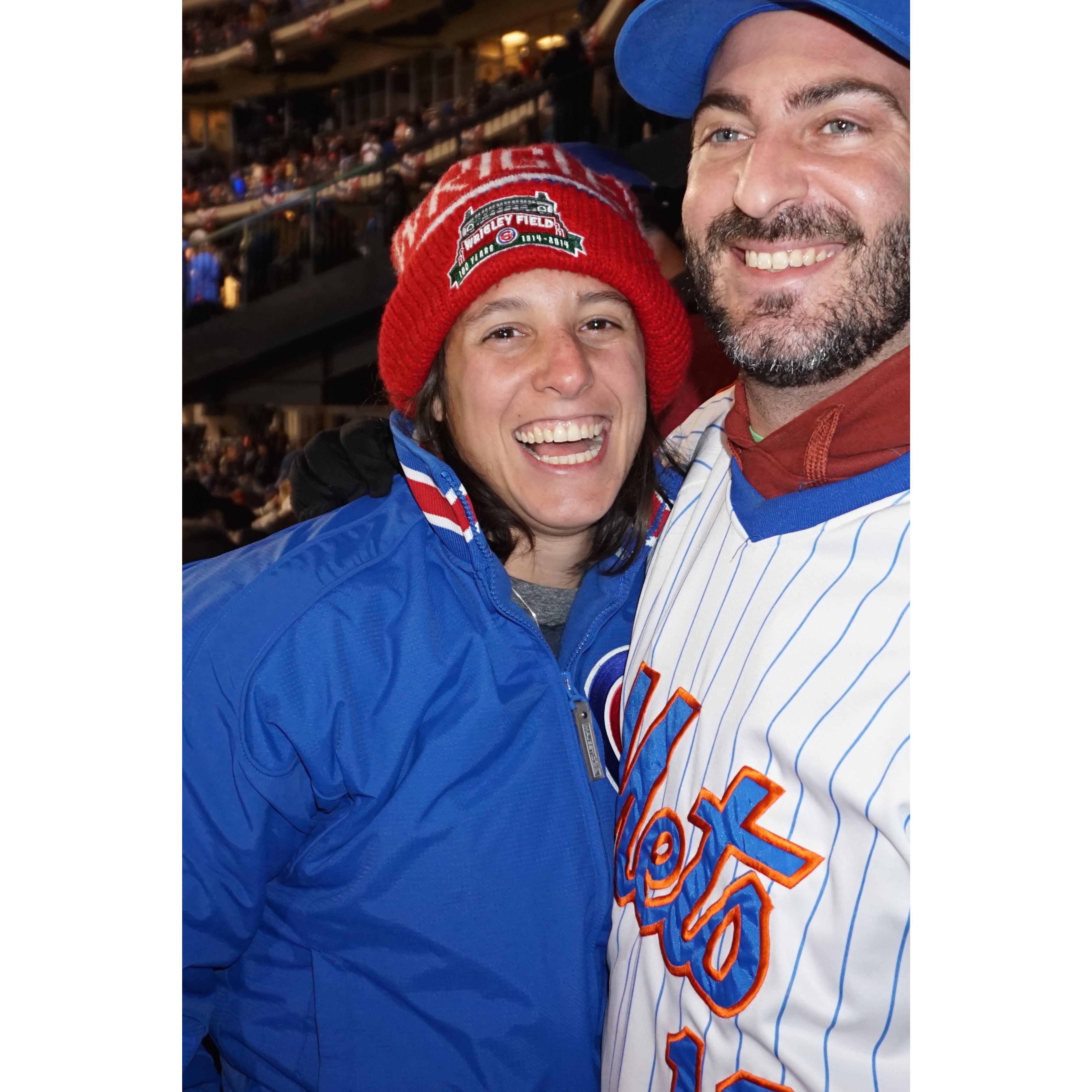 October 2015: Our one-year anniversary happened to coincide with the Cubs/Mets NLCS matchup (p.s. one of us was not smiling by the end of the night)