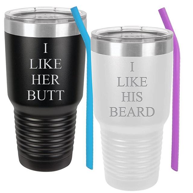 I Like His, I Like Her Stainless Steel Tumbler Set with Silicone Straws and Lids Wedding Engagement Gifts for Husband, Wife, Bride, Groom, Anniversary, Black and White (30 ounce set)