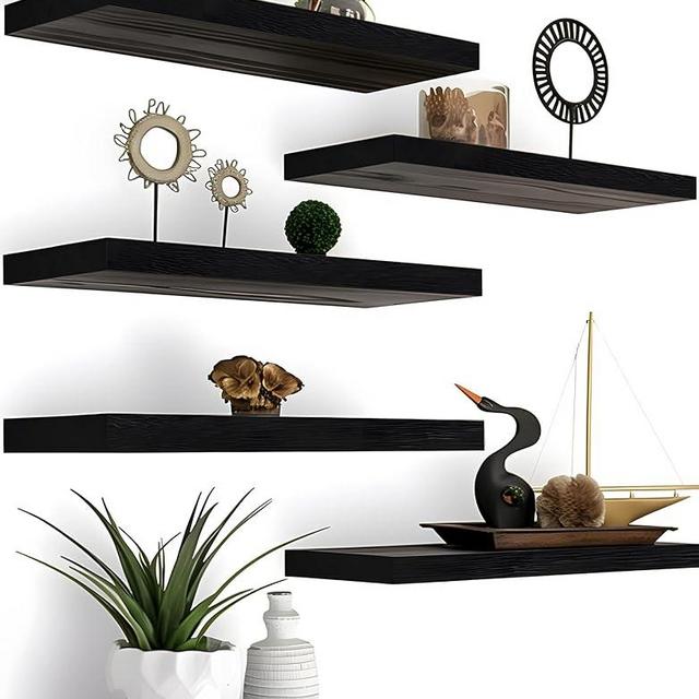 YYWUOJJ Wood Floating Shelves for Wall Decor, Rustic Wall Shelves for Bedroom Bathroom Kitchen Living Room, Set of 6 Black