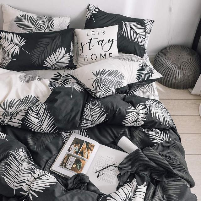 VM VOUGEMARKET Tropical Leaves Duvet Cover Queen,100% Cotton Reversible Black White Botanical Bedding Set,Teen Girls Comforter Cover with Zipper Closure