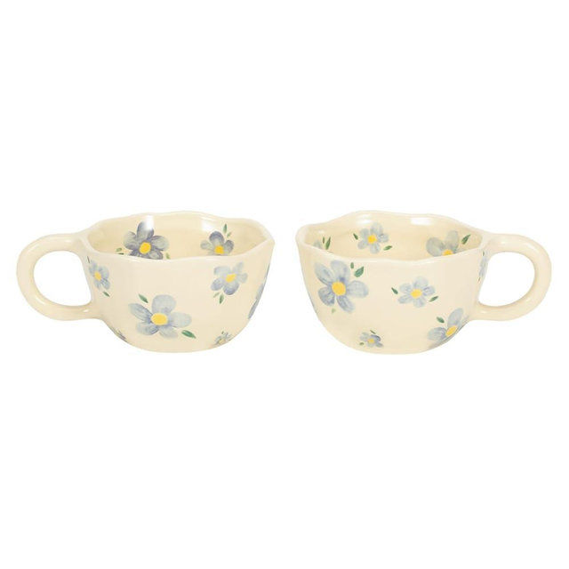 Koythin 2-Pieces Ceramic Coffee Mugs, Creative Cute Flower Cup for Office and Home, 8.5 oz/250 ml Aesthetic Mug for Latte Tea Milk (2 Blue Flower)
