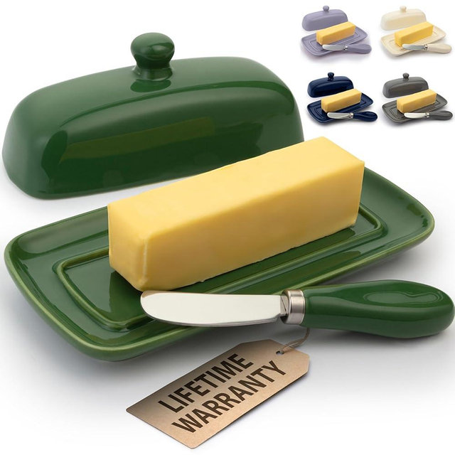 Zulay Butter Dish With Lid For Countertop - Porcelain White, Ceramic Butter Dish with Knob Handle Great for Cooking - Elegant Design Butter Holder - Durable & Sturdy Butter Keeper - Jade