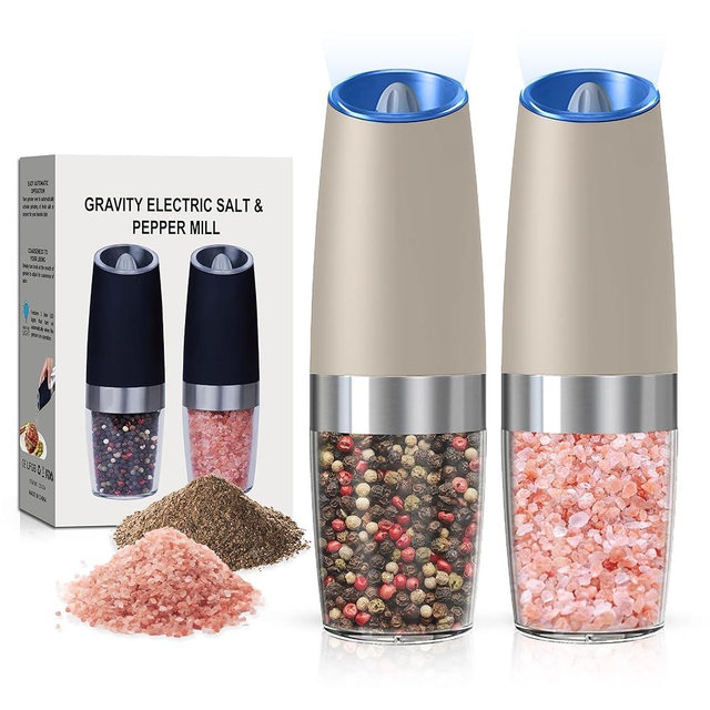 BELRIGO Battery Operated Salt And Pepper Grinder Set with LED Light, Automatic Electric Gravity Salt And Pepper Shakers Set, Each 6 AAA Batteries Needed, Adjustable Roughness, 2 Pack (Khaki)