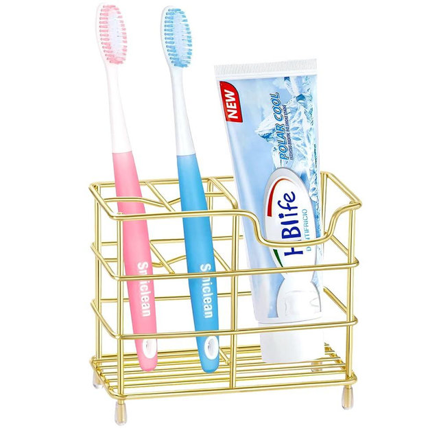 HBlife Small Toothbrush Holder for Bathroom, 5 Slots Gold Stainless Steel Bathroom Accessories Organizer for Small Spaces
