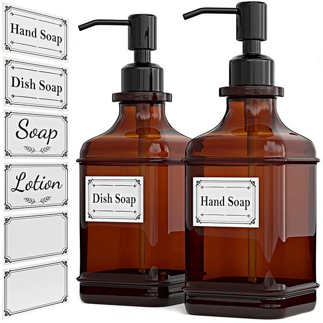 GLADPURE Soap Dispenser 2 Pack, Hand Soap Dispensers with 18 Oz Antique Design Thick Amber Glass Bottle, 316 Rust Proof Stainless Steel Black Pump, 6Pcs Stickers, for Lotion, Soap, Essential Oil