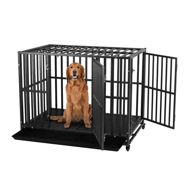 LUCKUP Heavy Duty Dog Crate-42 inch Large Metal Dog Cage with 2 Doors and 4 Wheels, Stackable Dog Kennel for Large & Medium Dogs, Removable Tray