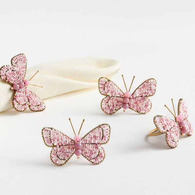 Beaded Butterfly Napkin Rings, Set of 4 - Pink