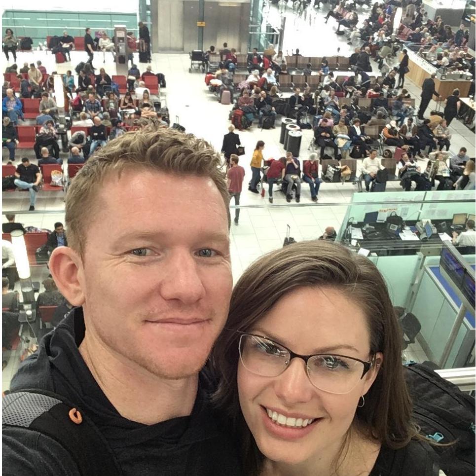 Happy to have our feet on the ground. Heathrow airport.