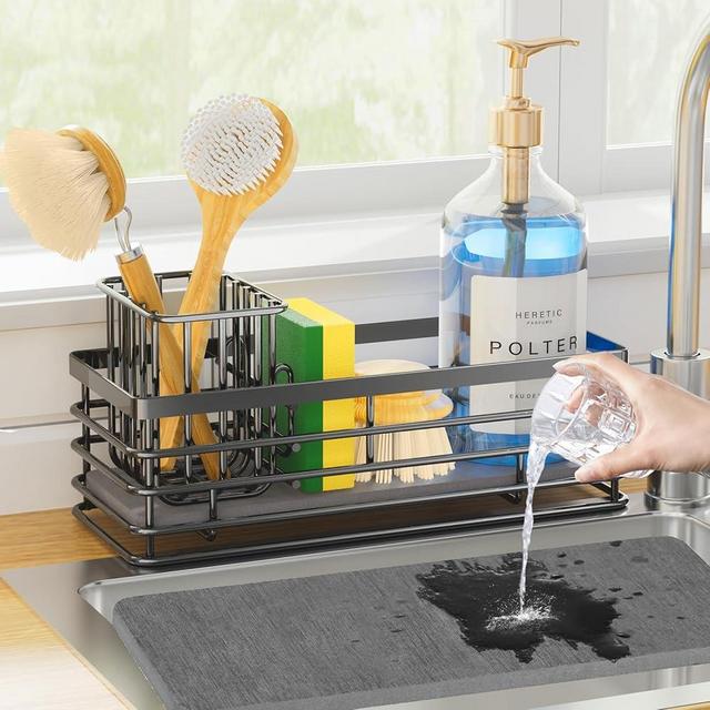 Yofidra Sponge Holder for Kitchen Sink: Sink Caddy with Instant Drying Stone, Metal Stainless Steel Sponge Holder for Sponges Soap Dispenser, 9.5" X 3.5" X 5.2" Kitchen Sink Organizer