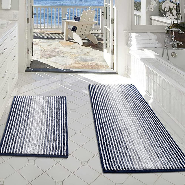 Bathroom Rugs and Mats Sets, 2 Piece Thick Absorbent Chenille Bath Mat Rug Set Non Slip, Soft Shaggy Bath Room Floor Mats for Bathroom, Machine Washable (20" x 47" Plus 20" x 32" Extra Thick, Navy)