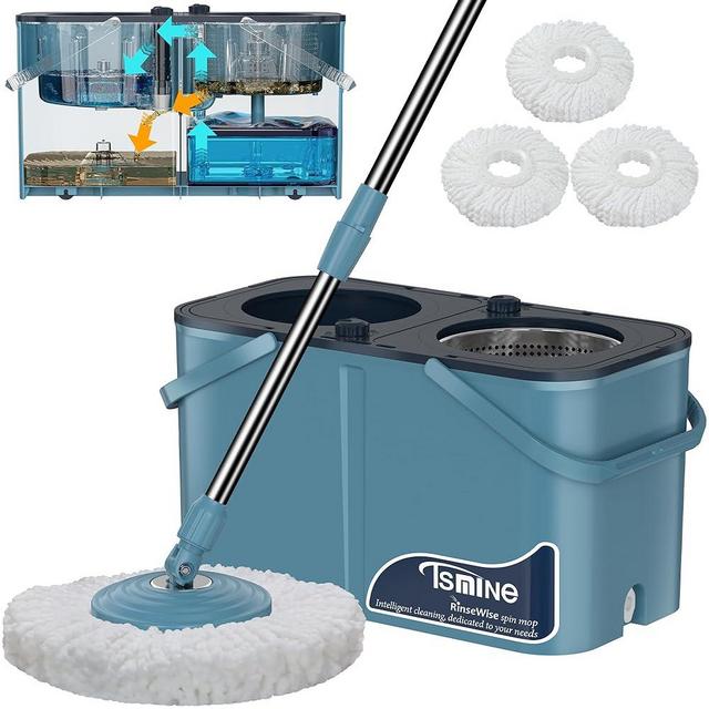 RinseWise Spin Mop and Bucket Separate Clean and DirtyWater, Mop and Bucket with Wringer Set, 4-Chamber Spinning Mopping Bucket Household Cleaning Supplies with 3 Microfiber Replacement Head Refills