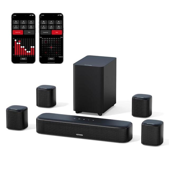 ULTIMEA 7.1ch Virtual Surround Sound Bar, Sound Bar for Smart TV with 4 Surround Speakers, Peak Power 330W, Surround Sound System for TV, App Control, TV Soundbar with Subwoofer, Opt/AUX/BT, Aura A40