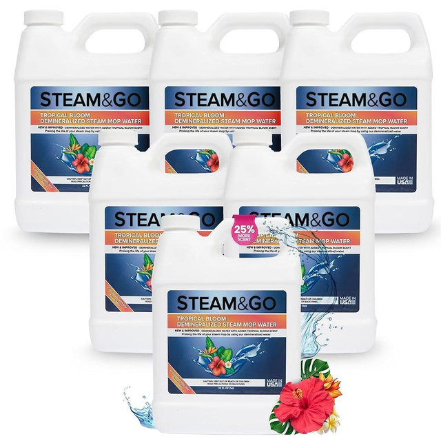 Steam & Go Demineralized Water for Steam Cleaner - PVC-Free Floor Cleaning Solution Compatible for All Steam Mops - Multi-Surface Cleaner for Home Surfaces - Tropical Bloom Scent, 32 oz (Pack of 6)