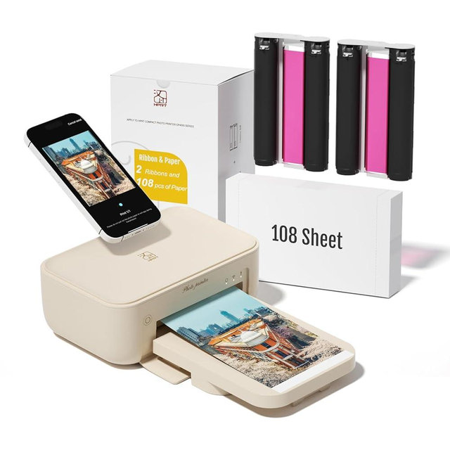 HPRT 4x6 Photo Printer with 108 Sheet Photo Paper& 2 Ribbon, Desktop Instant Picture Printer for iPhone, Smartphone, Thermal Dye Sublimation, WI-Fi Connnecting, Home Use, Beige