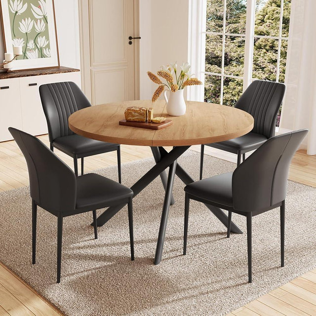 HIPIHOM 45.3 Inch Round Dining Table Set for 4, Mid Century Modern Small Kitchen Coffee Table Set for Dining Room Kitchen Apartment (Oak Table + 4 Black Chairs)