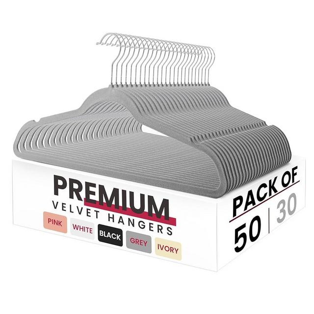 LDC LUX DECOR COLLECTION White Velvet Hangers 50 Pack - Premium Non Slip Clothes Felt Hanger for Coat, Pants, Suits, Shirts - Heavy Duty Space Saving 360 Rotatable Hook Hangars - Grey