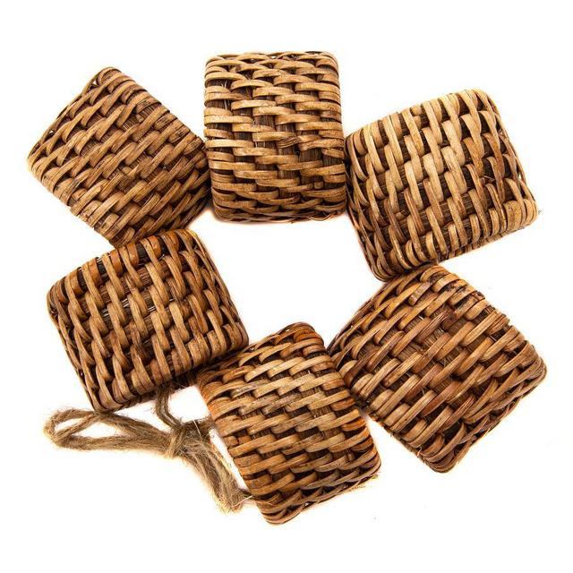 Handwoven Tava Rattan Napkin Rings, Set of 6, Honey
