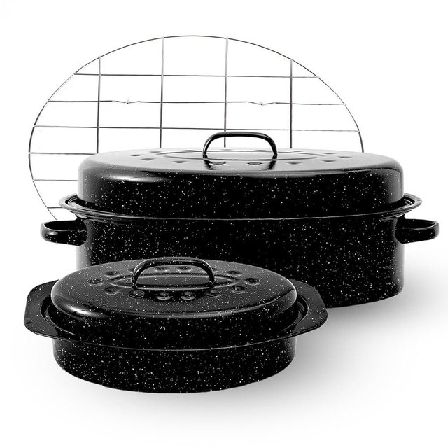 Enamel Roaster Pan With Lid and Rack Set 13"19"Granite Roasting Pans, Oval Large Turkey Baking Pan Suitable for Cooking 20lb Poultry and Beef Resists up to 932°F Oven Cookware