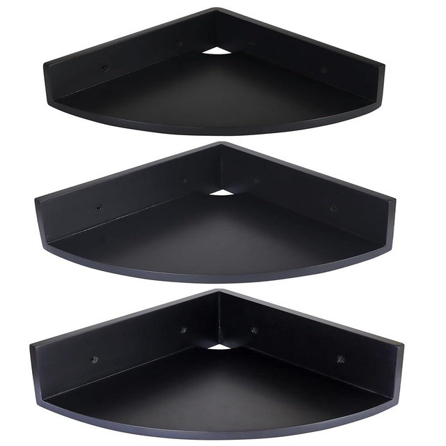 Demigo Corner Shelf Wall Mount Set of 3, Solid Acacia Wood Round Floating Corner Shelves for Storage and Display, Hanging Wood Shelves for Bedroom, Kitchen, Living Room, Bathroom (Black)