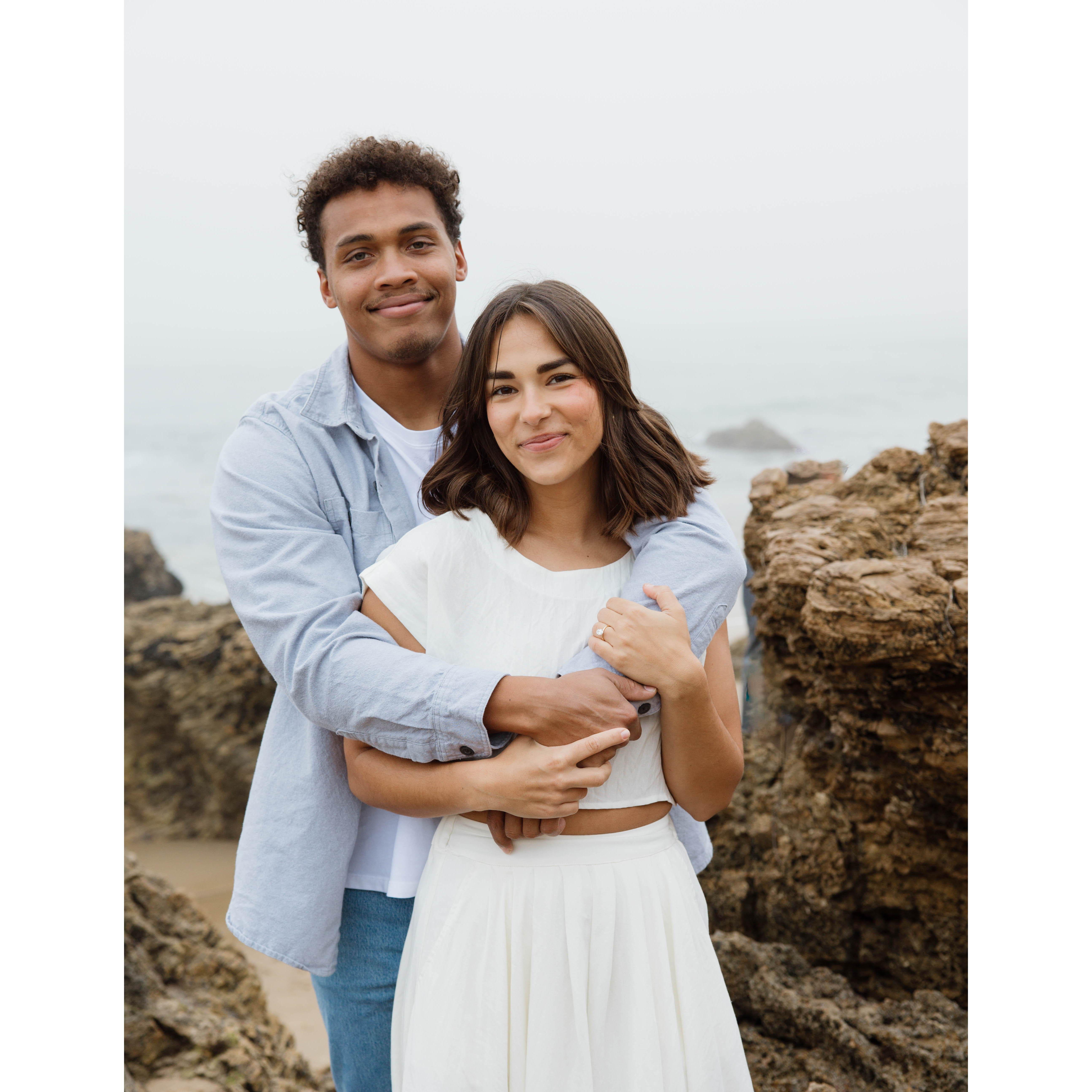 We took our engagement photos in Laguna Beach! It ended up being a bit misty, but we had so much fun taking photos with our friend, Alli!