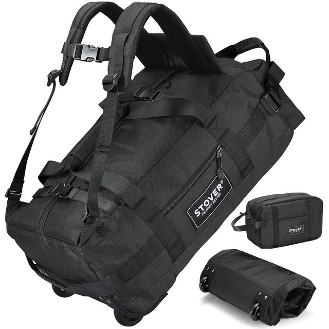STOVER 45L Carry-On Rolling Duffel Bag with Wheels, Medium Durable Travel Duffle w/Toiletry Bag, Heavy-Duty, Packable, Foldable with Shoulder Straps- Use as Luggage or Backpack, Men/Women (Black)