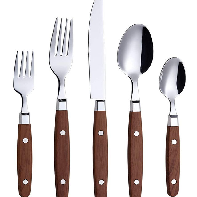 ANNOVA Silverware Set 20 Pieces Stainless Steel Cutlery Color Handle Rivet/Retro Style Flatware - 4 x Dinner Knife, 4 x Dinner Fork, 4 x Salad fork, 4 x Tablespoon, 4 x Teaspoon (Walnut/Wooden Effect)