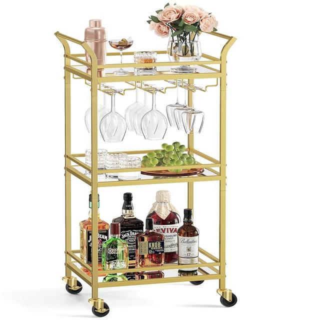 VASAGLE Bar Cart Gold, Home Bar Serving Cart, Small Bar Cart with 3-Tier Mirrored Shelf, Wine Holders, Glass Holder, Mini Bar Cart for Small Space, Kitchen, Dining Room, Living Room, Gold ULRC091A62