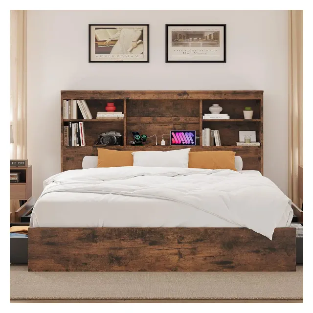 King Size Bed Frame with High Storage Bookcase Headboard, Wood Bed Frame with 4 Storage Drawers, Built in Charging Station, Brown