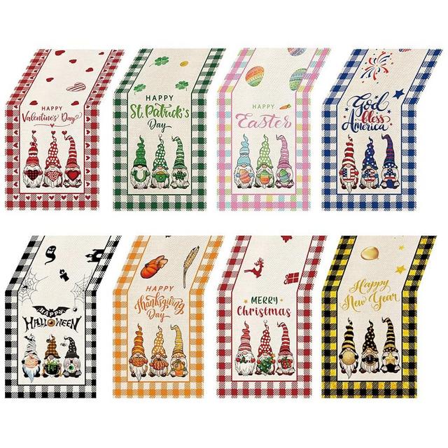 YOVOYOA 8 Pcs Gnomes Holiday Table Runner 72 Inches Long, Plaid Valentines Day St Patricks Day Easter 4th of July Halloween Thanksgiving Day New Year Christmas Burlap Table Decor for Home Farmhouse