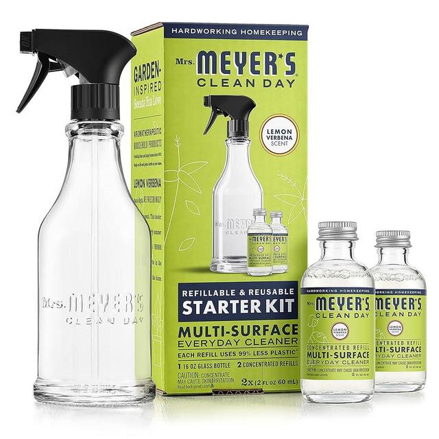 MRS. MEYER'S CLEAN DAY Multi-Surface Cleaner Dispenser and Concentrate Starter Kit, 1 Glass Dispenser (16 Fl. Oz.) and 2 Concentrated Refills (2 Fl. Oz. each), Lemon Verbena, Makes 32 Fl. Oz. Total