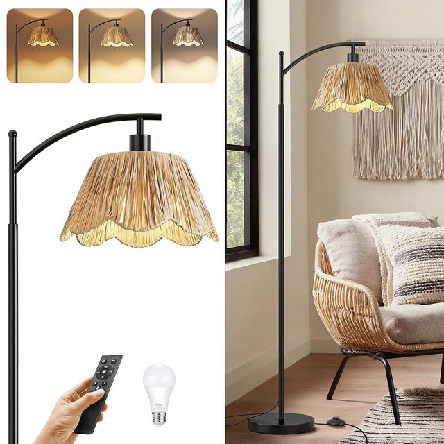 Oneach Boho Floor Lamp with 3 Color Temperatures, Farmhouse Floor Lamps for Living Room with Remote & Dimmable Bulb, Rattan Floor Lamp for Bedroom, Black