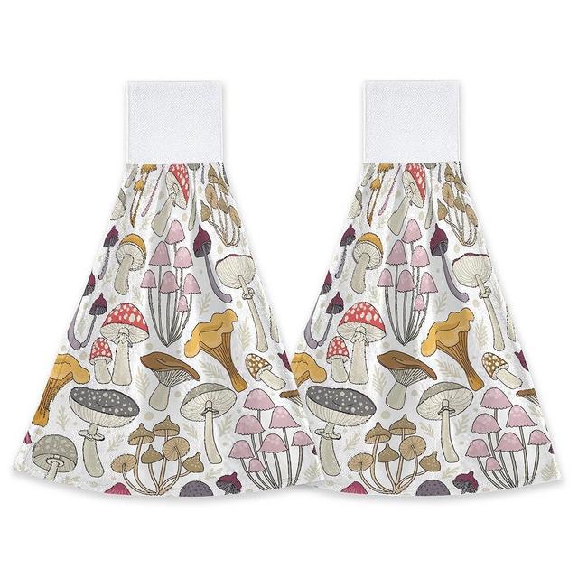 Retro Mushroom Hand Towel with Loop 2 Pcs Soft Hanging Towel Absorbent Tie Towels for Kitchen Tea Bar Bathroom Decor