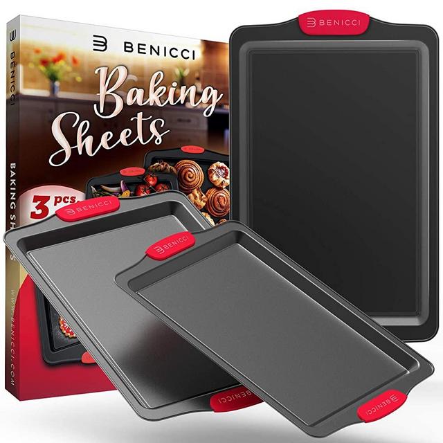 BPA Free Nonstick Baking Sheets w/ Silicone Handles in a Pack of 3 - Deluxe Cookie Sheets with Large, Medium & Small Bakeware Pans Lets You Bake The Perfect Cookie or Pastry Every Time