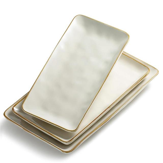 famiware Serving Platter, Rectangular 15.67/14.1/12.6inch Serving Dishes for Entertaining, Microwave Dishwasher Safe, Stoneware Serving Trays for Party, Turkey, Cheese, Ocean Series, Vanilla White